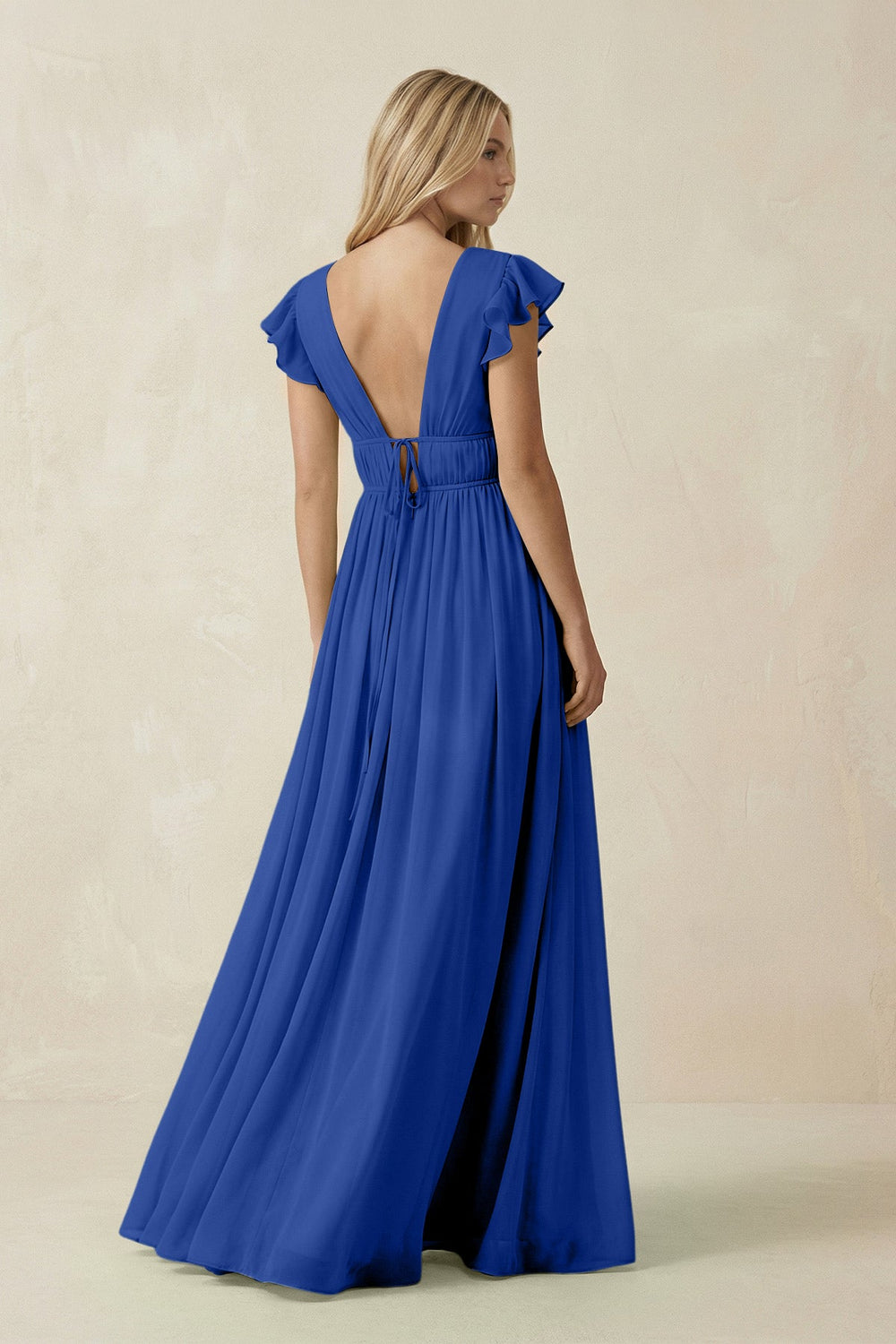 V - Neck A - Line Chiffon Cap Sleeves Bridesmaid Dress in Royal Blue - SHE IS ME Bridesmaid Dresses