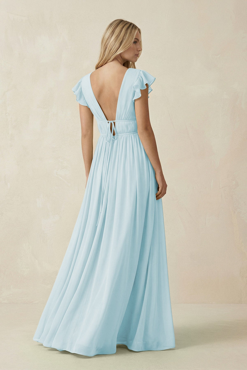 V - Neck A - Line Chiffon Cap Sleeves Bridesmaid Dress in Sky Blue - SHE IS ME Bridesmaid Dresses