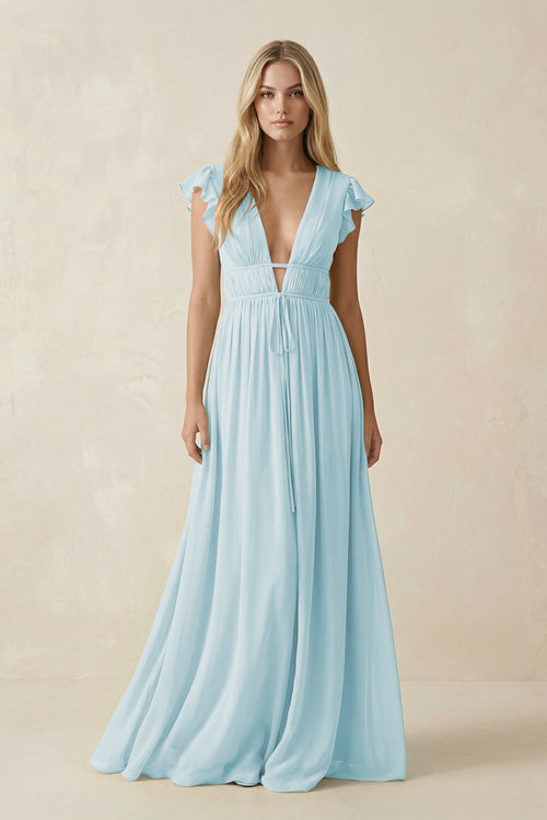 V - Neck A - Line Chiffon Cap Sleeves Bridesmaid Dress in Sky Blue - SHE IS ME Bridesmaid Dresses