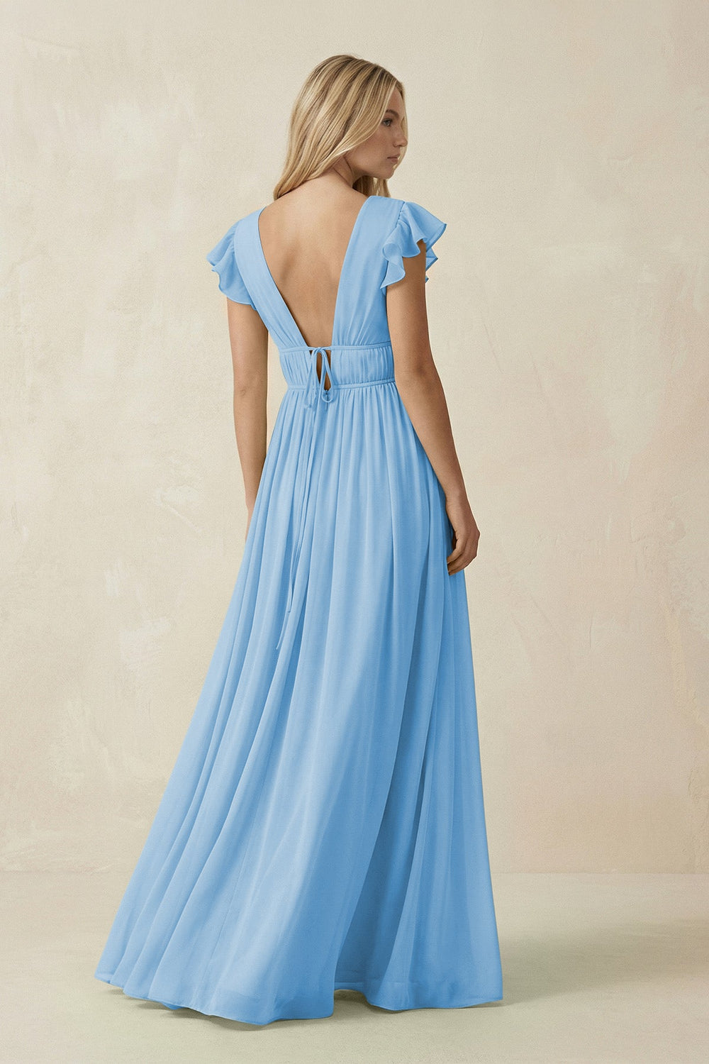 V - Neck A - Line Chiffon Cap Sleeves Bridesmaid Dress in Steel Blue - SHE IS ME Bridesmaid Dresses