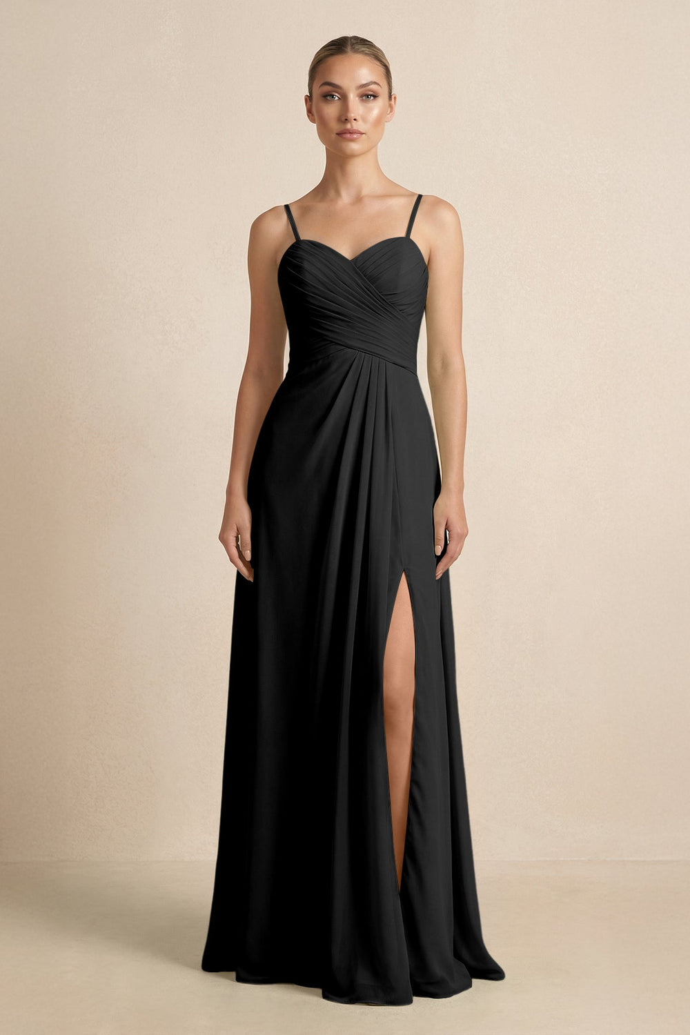 V - Neck A - Line Chiffon Pleated Bridesmaid Dress in Black - SHE IS ME Bridesmaid Dresses