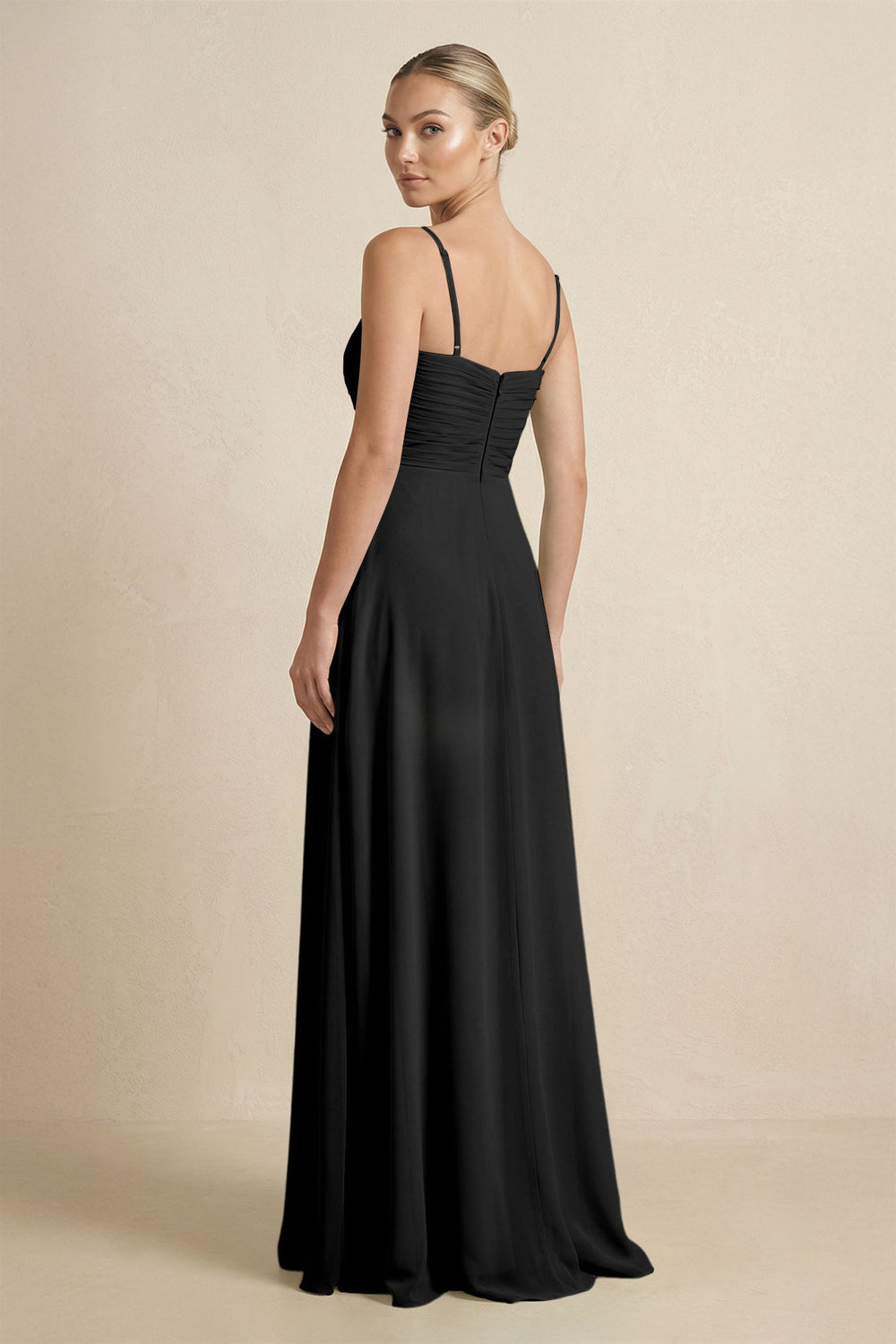 V - Neck A - Line Chiffon Pleated Bridesmaid Dress in Black - SHE IS ME Bridesmaid Dresses