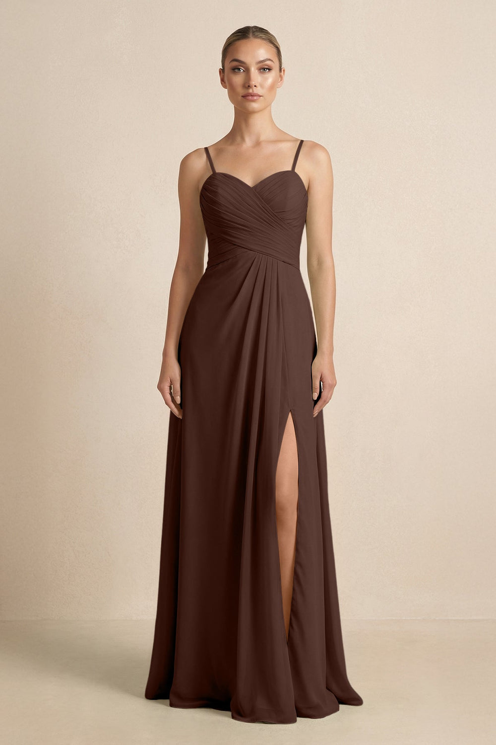 V - Neck A - Line Chiffon Pleated Bridesmaid Dress in Espresso - SHE IS ME Bridesmaid Dresses