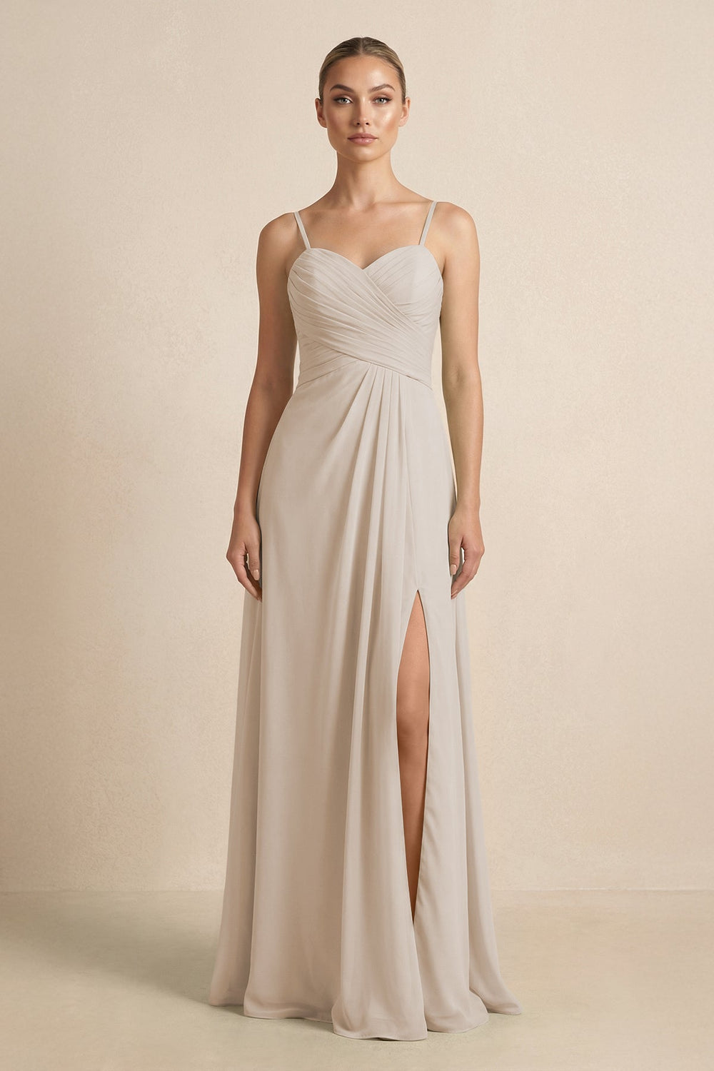 V - Neck A - Line Chiffon Pleated Bridesmaid Dress in Frost - SHE IS ME Bridesmaid Dresses