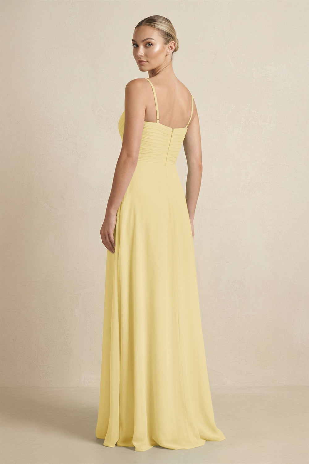 V - Neck A - Line Chiffon Pleated Bridesmaid Dress in Pastel Yellow - SHE IS ME Bridesmaid Dresses