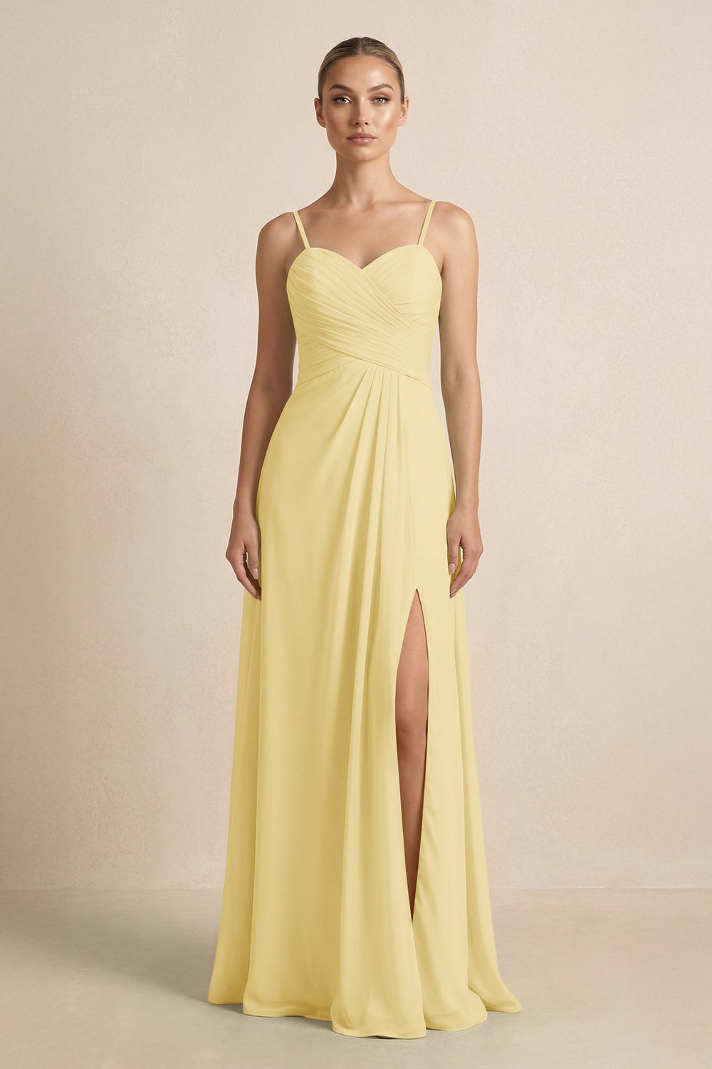 V - Neck A - Line Chiffon Pleated Bridesmaid Dress in Pastel Yellow - SHE IS ME Bridesmaid Dresses