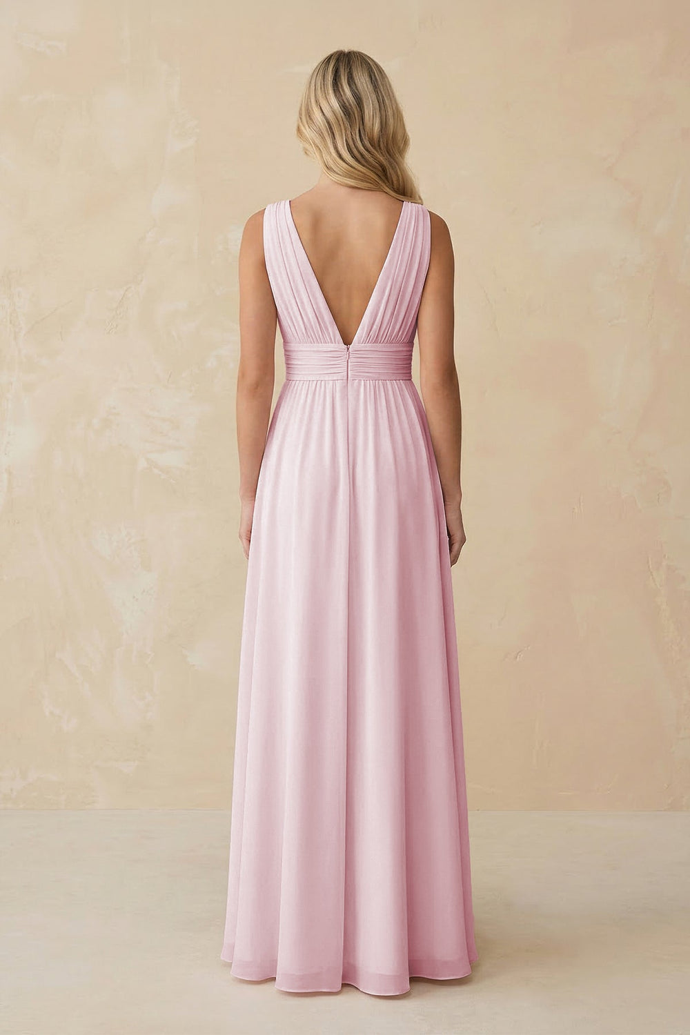 V - Neck A - Line Chiffon Ruched Bridesmaid Dress in Candy Pink - SHE IS ME Bridesmaid Dresses