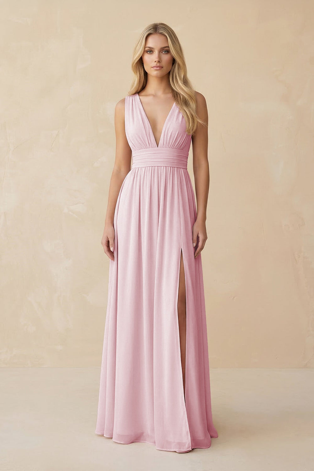 V - Neck A - Line Chiffon Ruched Bridesmaid Dress in Candy Pink - SHE IS ME Bridesmaid Dresses