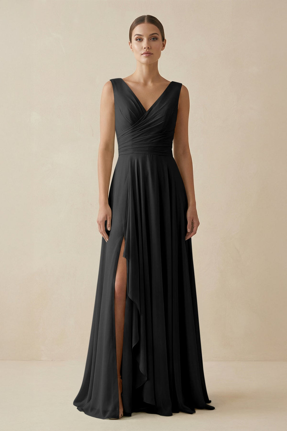 V - Neck A - Line Chiffon Ruffled Bridesmaid Dress in Black - SHE IS ME Bridesmaid Dresses