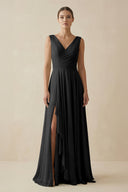 V - Neck A - Line Chiffon Ruffled Bridesmaid Dress in Black - SHE IS ME Bridesmaid Dresses
