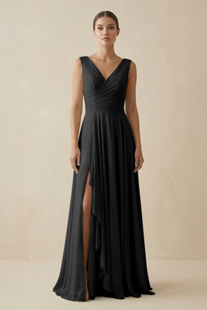 V - Neck A - Line Chiffon Ruffled Bridesmaid Dress in Black - SHE IS ME Bridesmaid Dresses