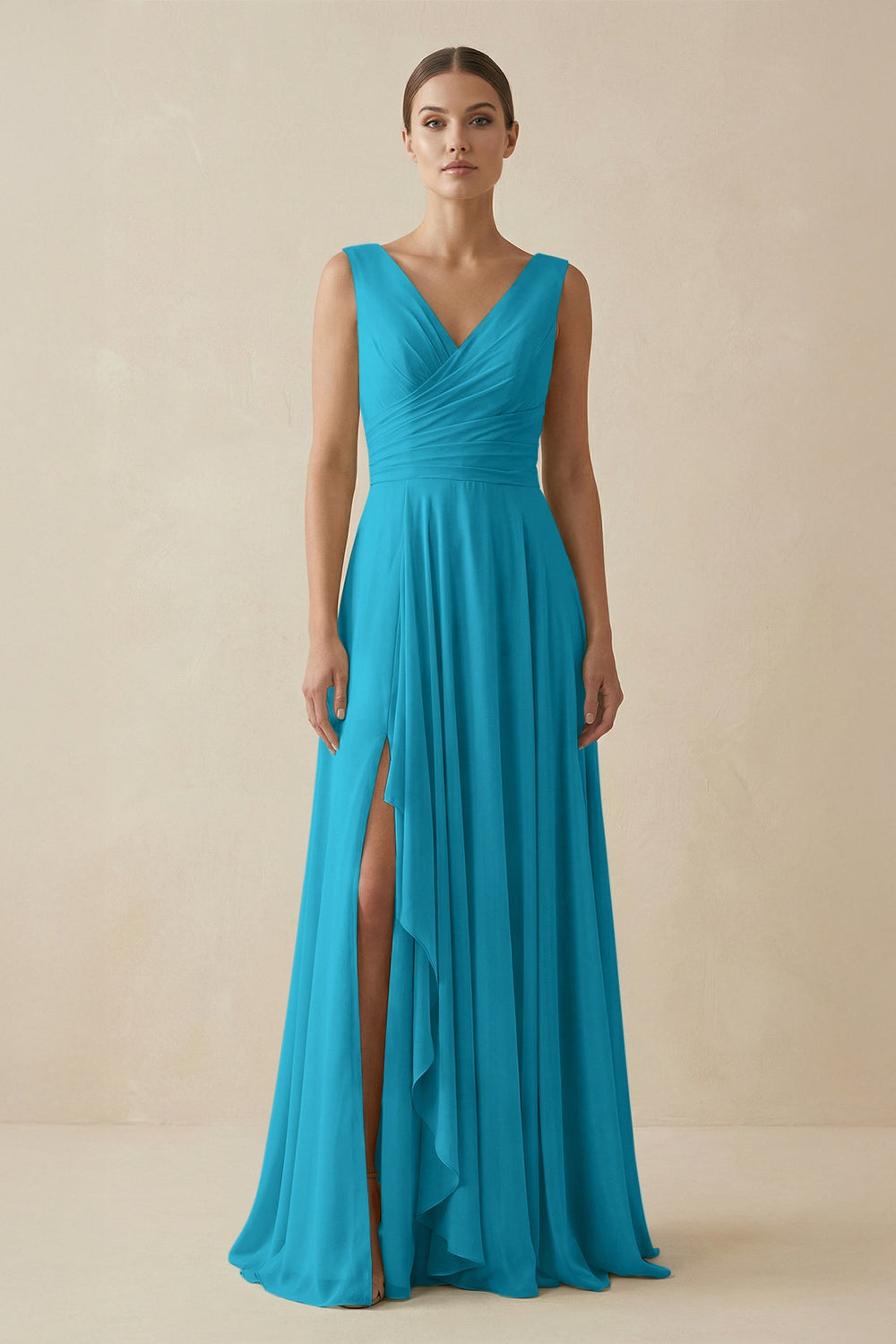 V - Neck A - Line Chiffon Ruffled Bridesmaid Dress in Blue Jay - SHE IS ME Bridesmaid Dresses
