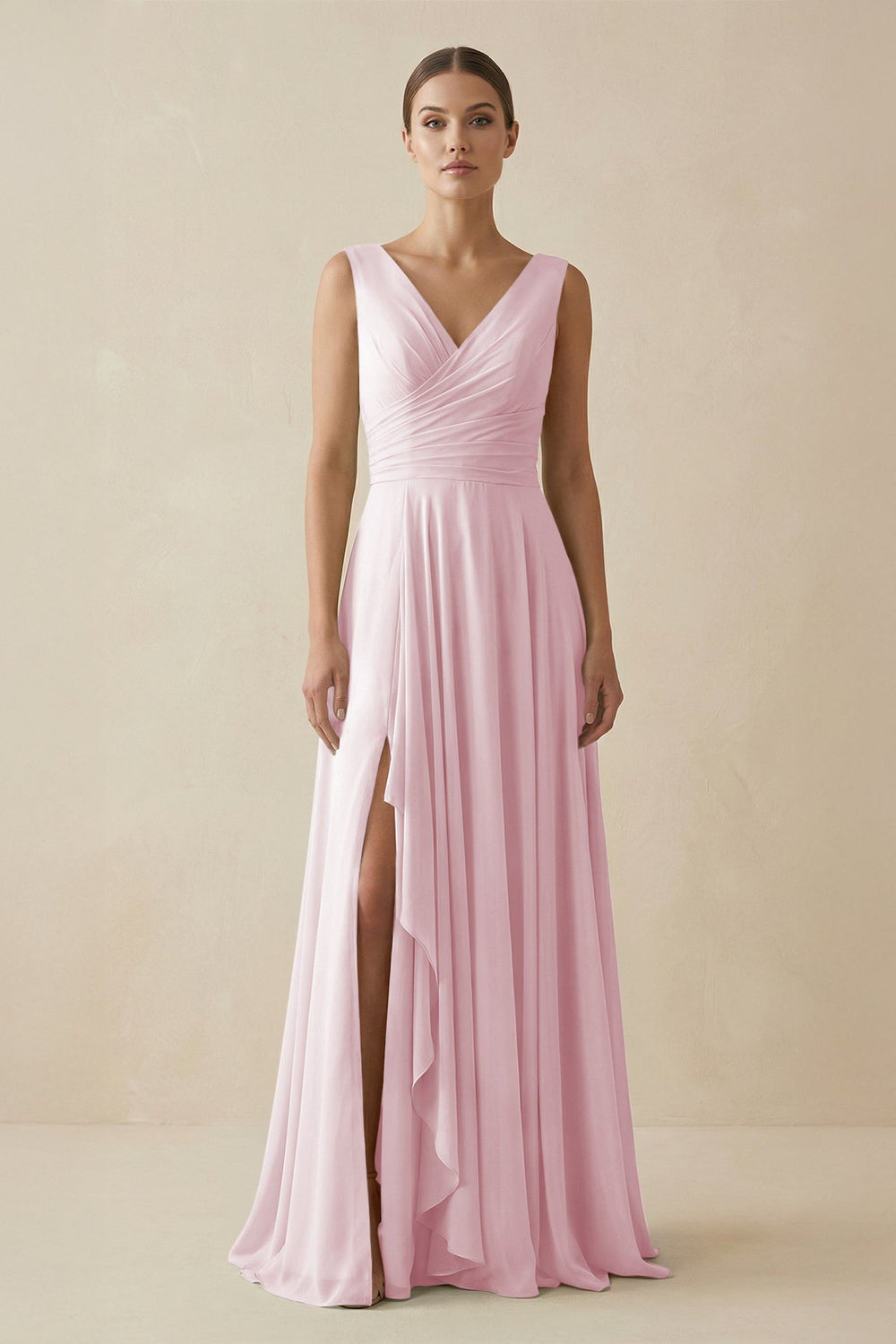 V - Neck A - Line Chiffon Ruffled Bridesmaid Dress in Candy Pink - SHE IS ME Bridesmaid Dresses
