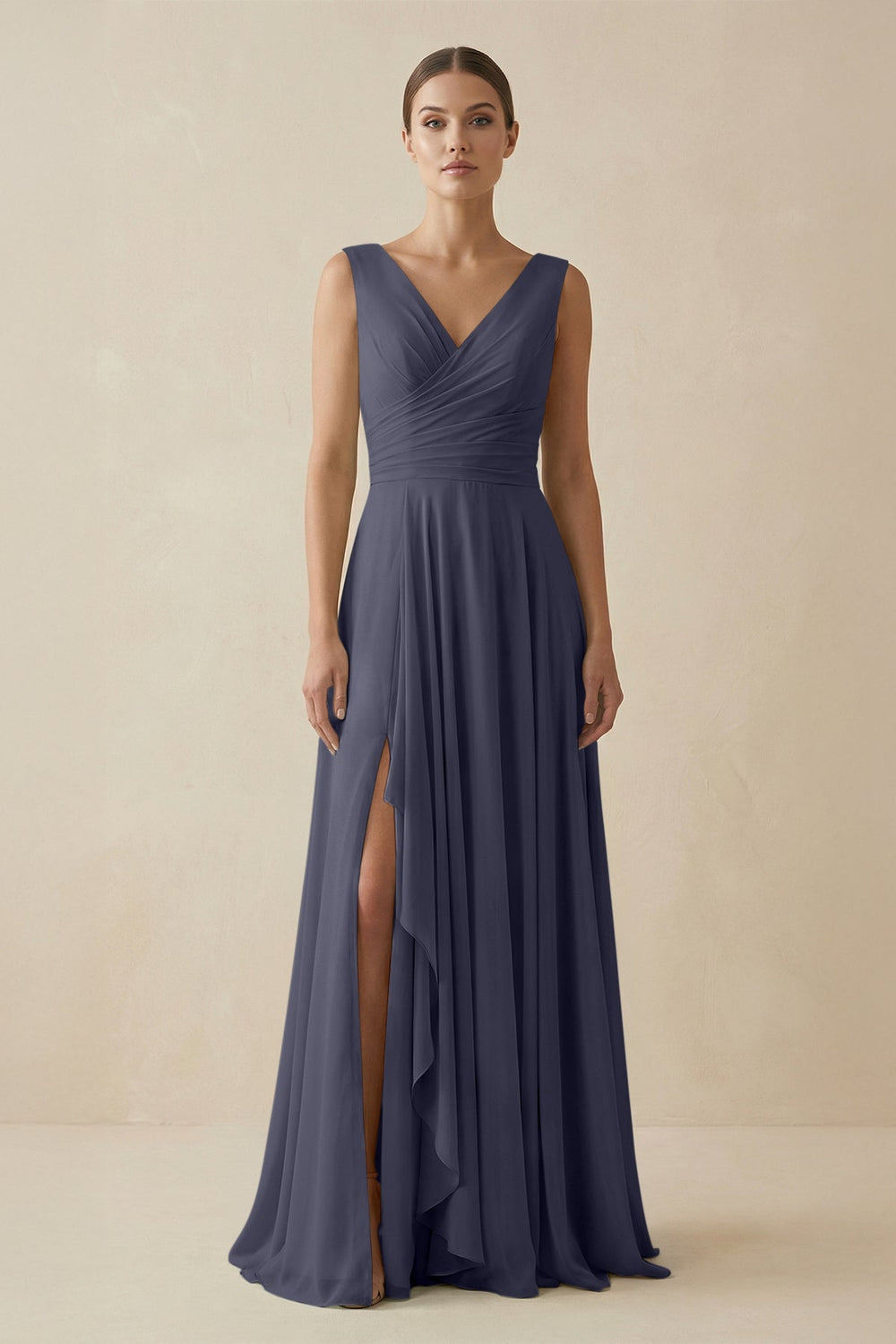 V - Neck A - Line Chiffon Ruffled Bridesmaid Dress in Dusk Blue - SHE IS ME Bridesmaid Dresses