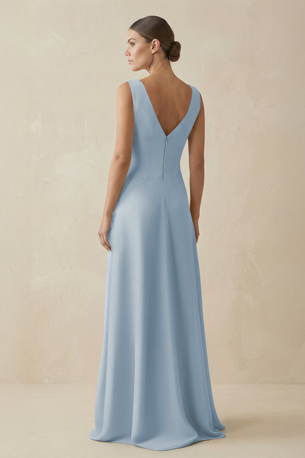V - Neck A - Line Chiffon Ruffled Bridesmaid Dress in Dusty Blue - SHE IS ME Bridesmaid Dresses