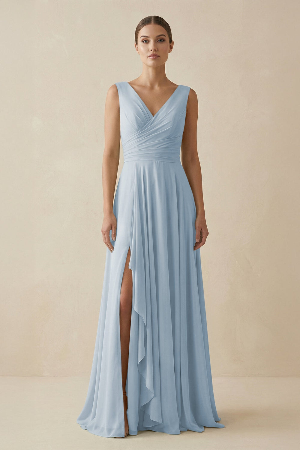 V - Neck A - Line Chiffon Ruffled Bridesmaid Dress in Dusty Blue - SHE IS ME Bridesmaid Dresses