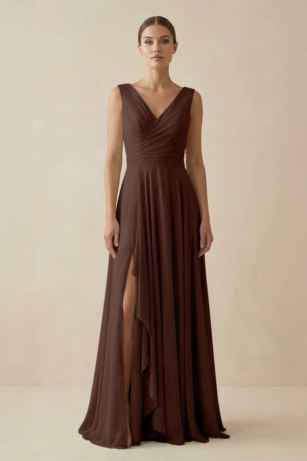 V - Neck A - Line Chiffon Ruffled Bridesmaid Dress in Espresso - SHE IS ME Bridesmaid Dresses