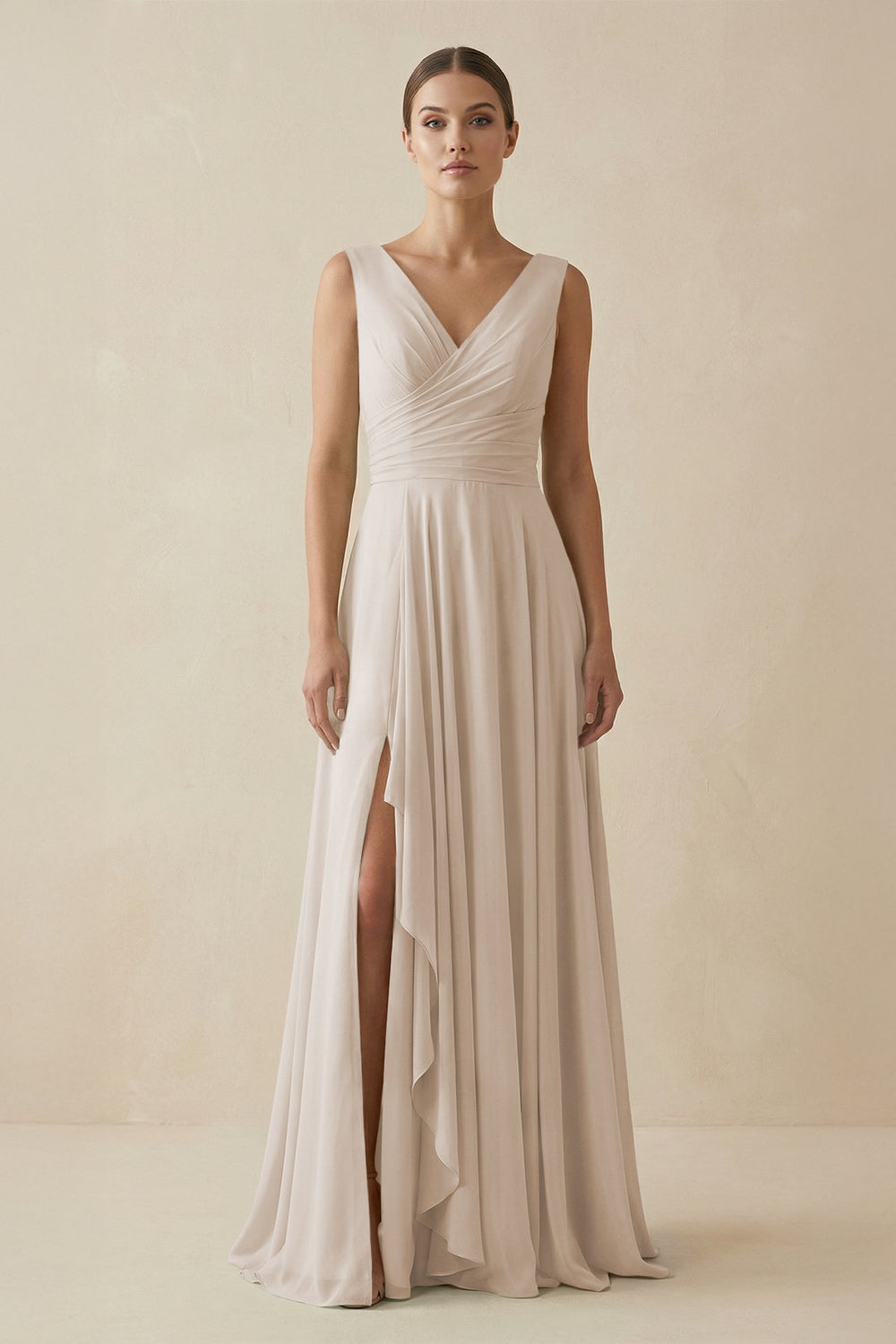 V - Neck A - Line Chiffon Ruffled Bridesmaid Dress in Frost - SHE IS ME Bridesmaid Dresses