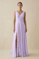 V - Neck A - Line Chiffon Ruffled Bridesmaid Dress in Lavender - SHE IS ME Bridesmaid Dresses