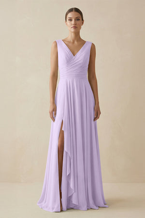 V - Neck A - Line Chiffon Ruffled Bridesmaid Dress in Lavender - SHE IS ME Bridesmaid Dresses