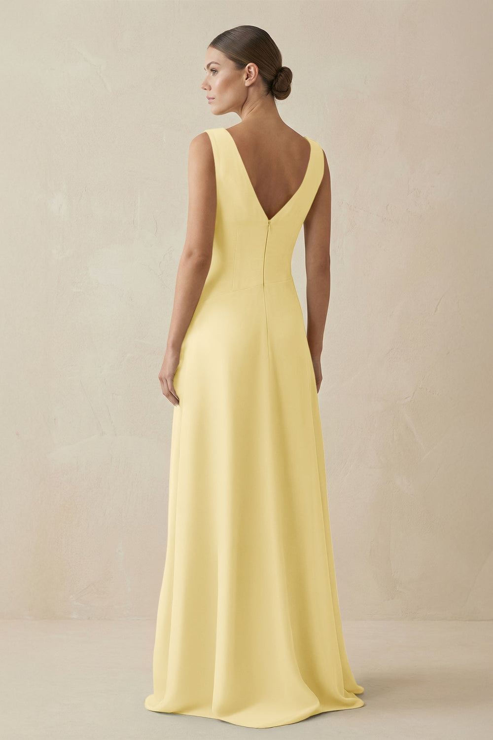 V - Neck A - Line Chiffon Ruffled Bridesmaid Dress in Pastel Yellow - SHE IS ME Bridesmaid Dresses