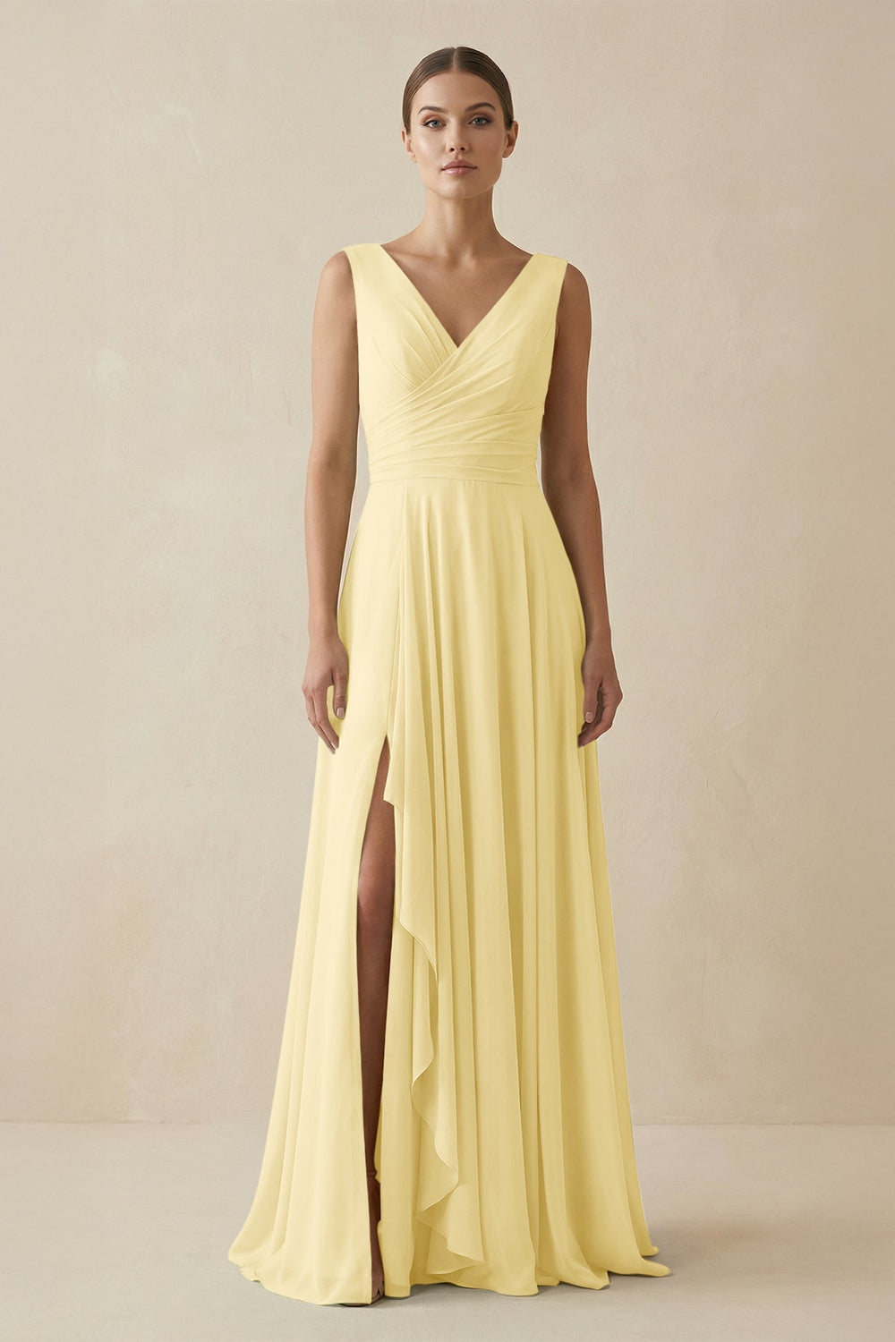 V - Neck A - Line Chiffon Ruffled Bridesmaid Dress in Pastel Yellow - SHE IS ME Bridesmaid Dresses
