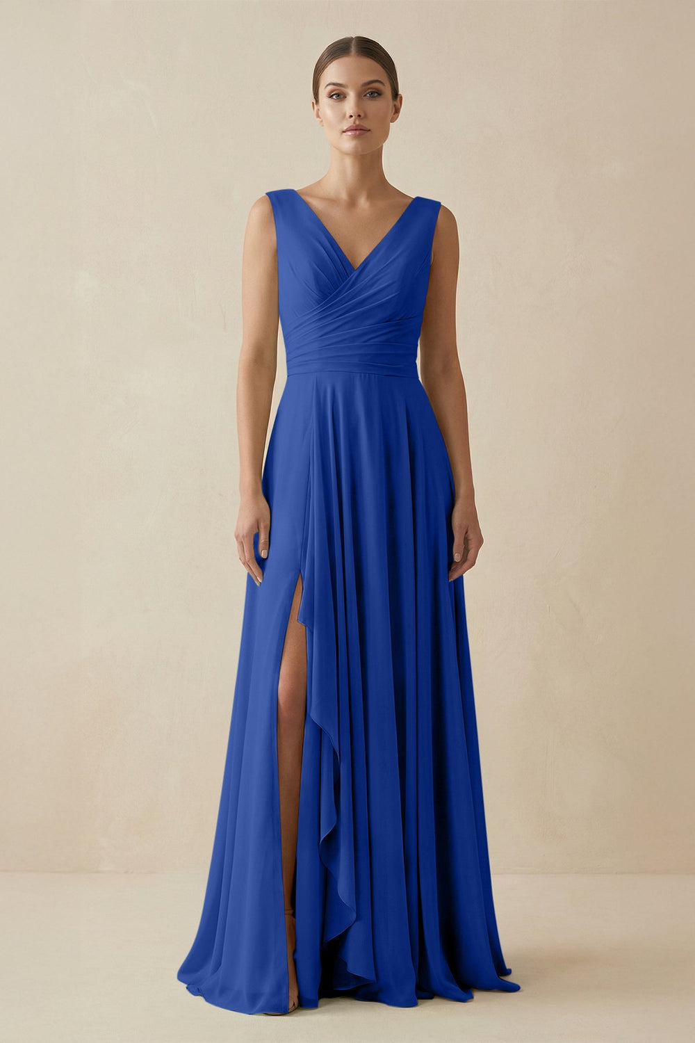 V - Neck A - Line Chiffon Ruffled Bridesmaid Dress in Royal Blue - SHE IS ME Bridesmaid Dresses