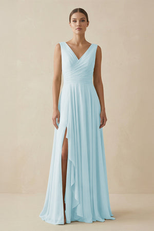 V - Neck A - Line Chiffon Ruffled Bridesmaid Dress in Sky Blue - SHE IS ME Bridesmaid Dresses