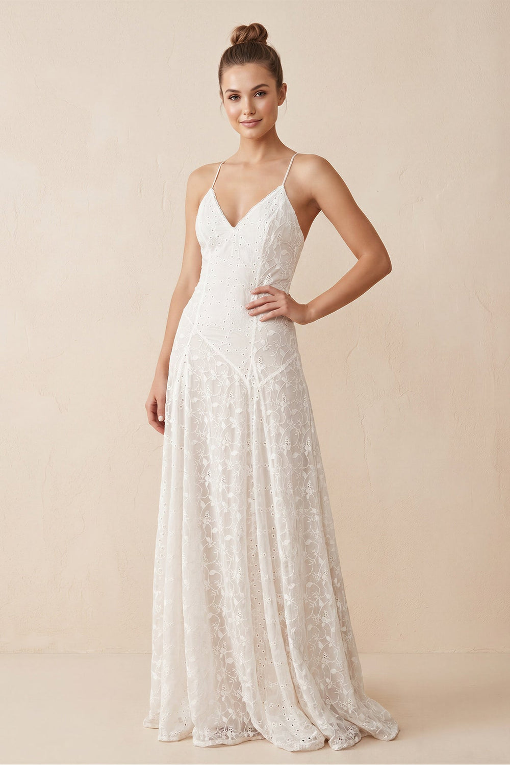 V - Neck A - Line Lace Appliqued Wedding Dress in White - SHE IS ME Wedding Dresses