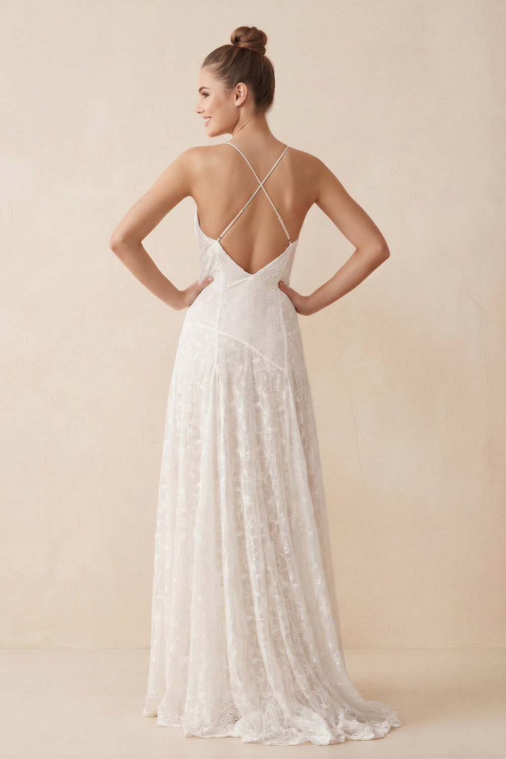 V - Neck A - Line Lace Appliqued Wedding Dress in White - SHE IS ME Wedding Dresses