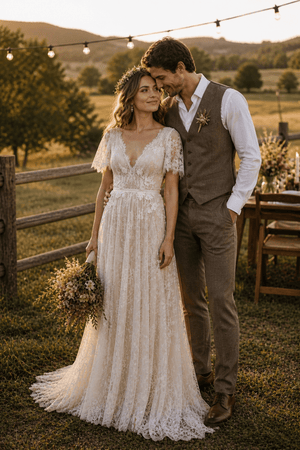 V Neck A Line Lace Wedding Dress in White and Nude - SHE IS ME Wedding Dresses