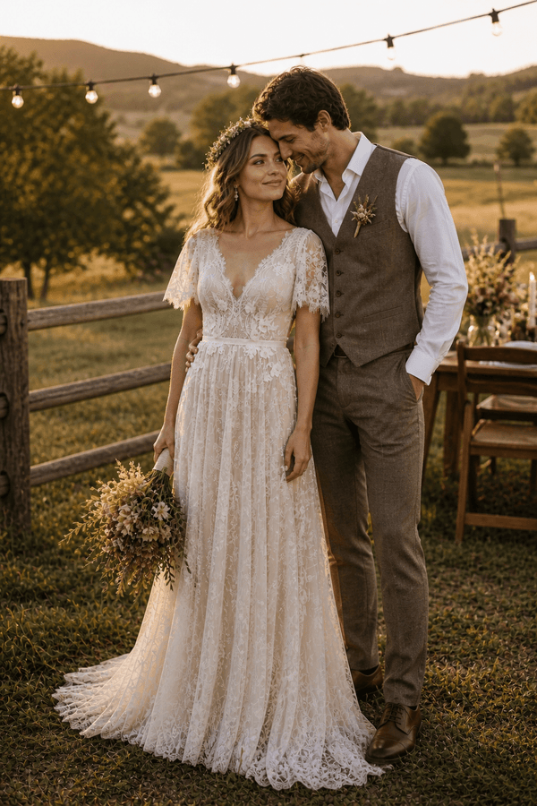 V Neck A Line Lace Wedding Dress in White and Nude - SHE IS ME Wedding Dresses