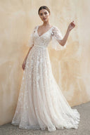 V Neck A Line Lace Wedding Dress in White and Nude - SHE IS ME Wedding Dresses