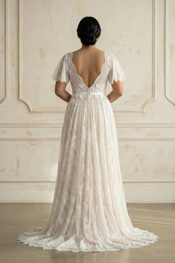 V Neck A Line Lace Wedding Dress in White and Nude - SHE IS ME Wedding Dresses
