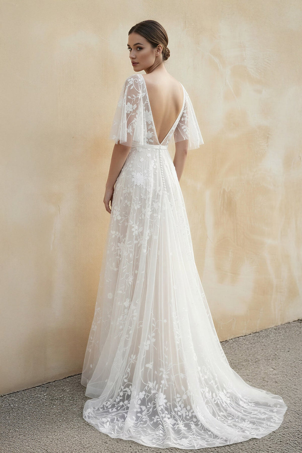 V Neck A Line Lace Wedding Dress in White and Nude - SHE IS ME Wedding Dresses