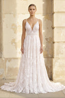 V Neck A Line Lace Wedding Dress in White and Nude - SHE IS ME Wedding Dresses