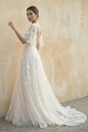 V Neck A Line Lace Wedding Dress in White and Nude - SHE IS ME Wedding Dresses