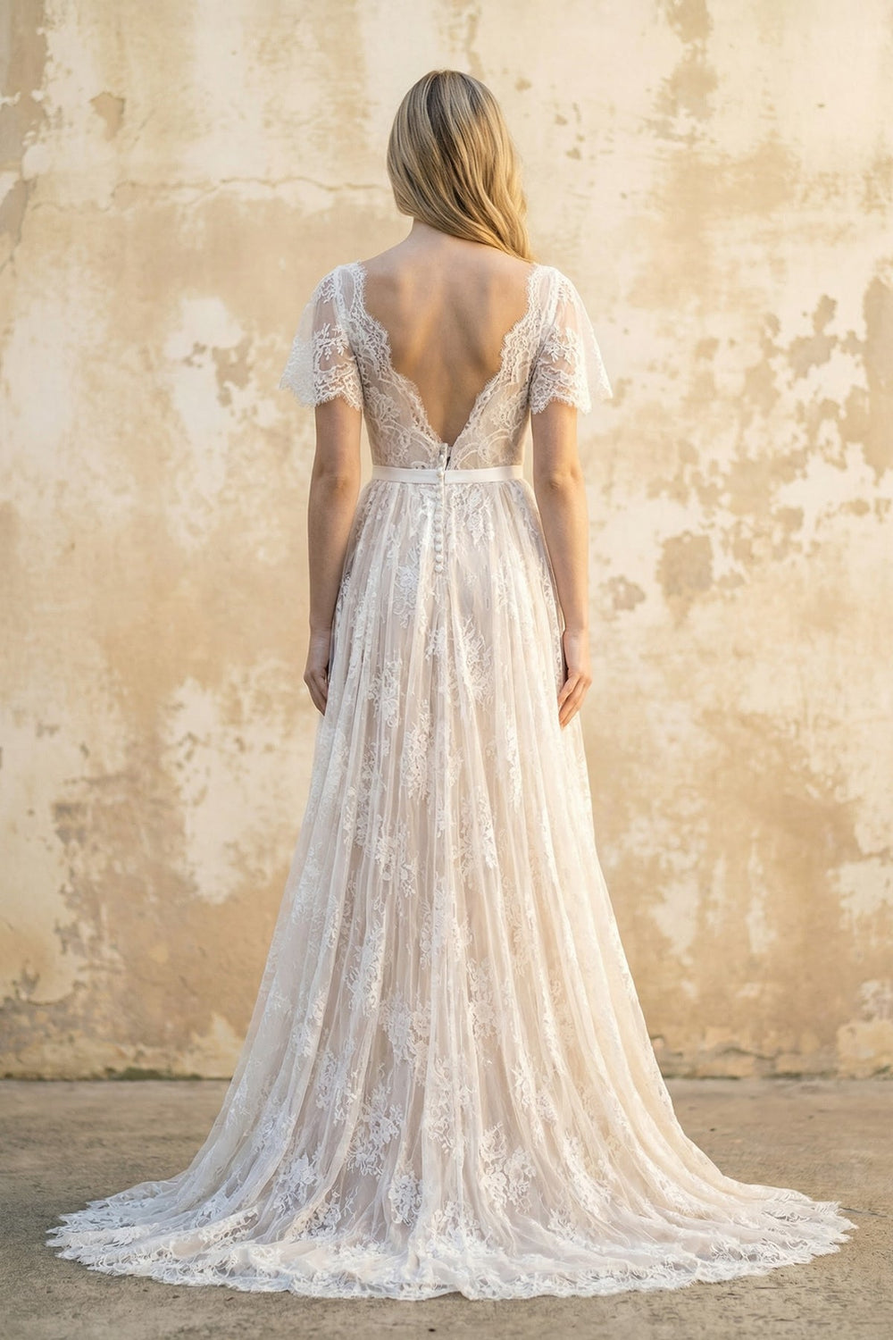 V Neck A Line Lace Wedding Dress in White and Nude - SHE IS ME Wedding Dresses