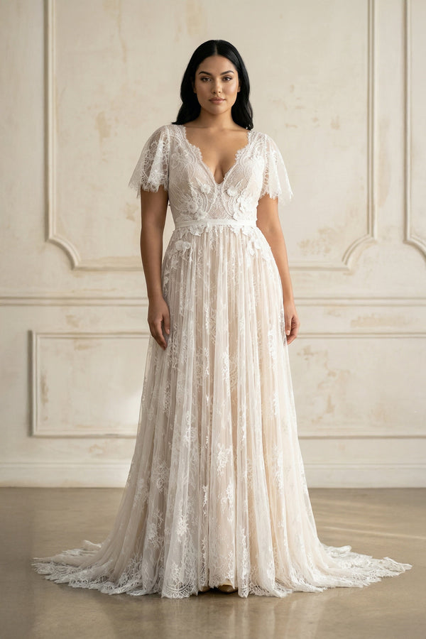 V Neck A Line Lace Wedding Dress in White and Nude - SHE IS ME Wedding Dresses