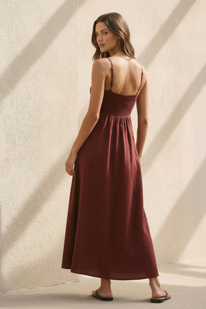 V Neck A - Line Maxi Dress in Burgundy - SHE IS ME PROM DRESSES
