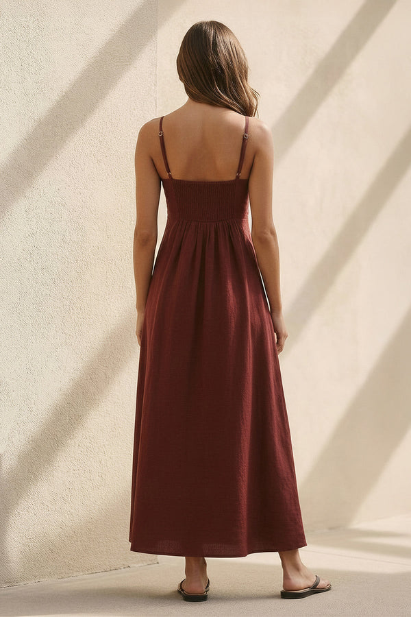 V Neck A - Line Maxi Dress in Burgundy - SHE IS ME PROM DRESSES