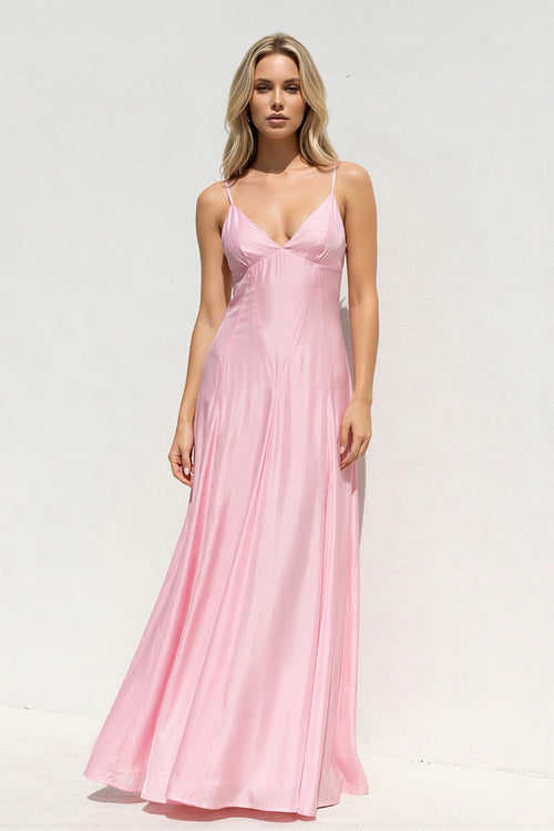 V Neck A Line Maxi Dress in Pink - SHE IS ME