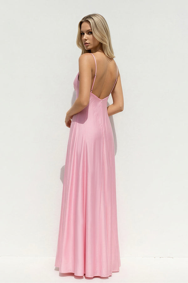 V Neck A Line Maxi Dress in Pink - SHE IS ME Prom Dresses