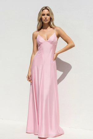 V Neck A Line Maxi Dress in Pink - SHE IS ME