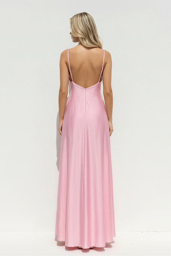 V Neck A Line Maxi Dress in Pink - SHE IS ME Prom Dresses