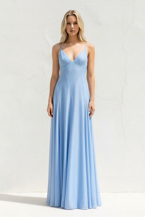 V Neck A Line Maxi Dress in Sky Blue - SHE IS ME