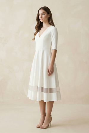 V - Neck A - Line Satin Short Sleeves Wedding Dress in White - SHE IS ME Wedding Dresses