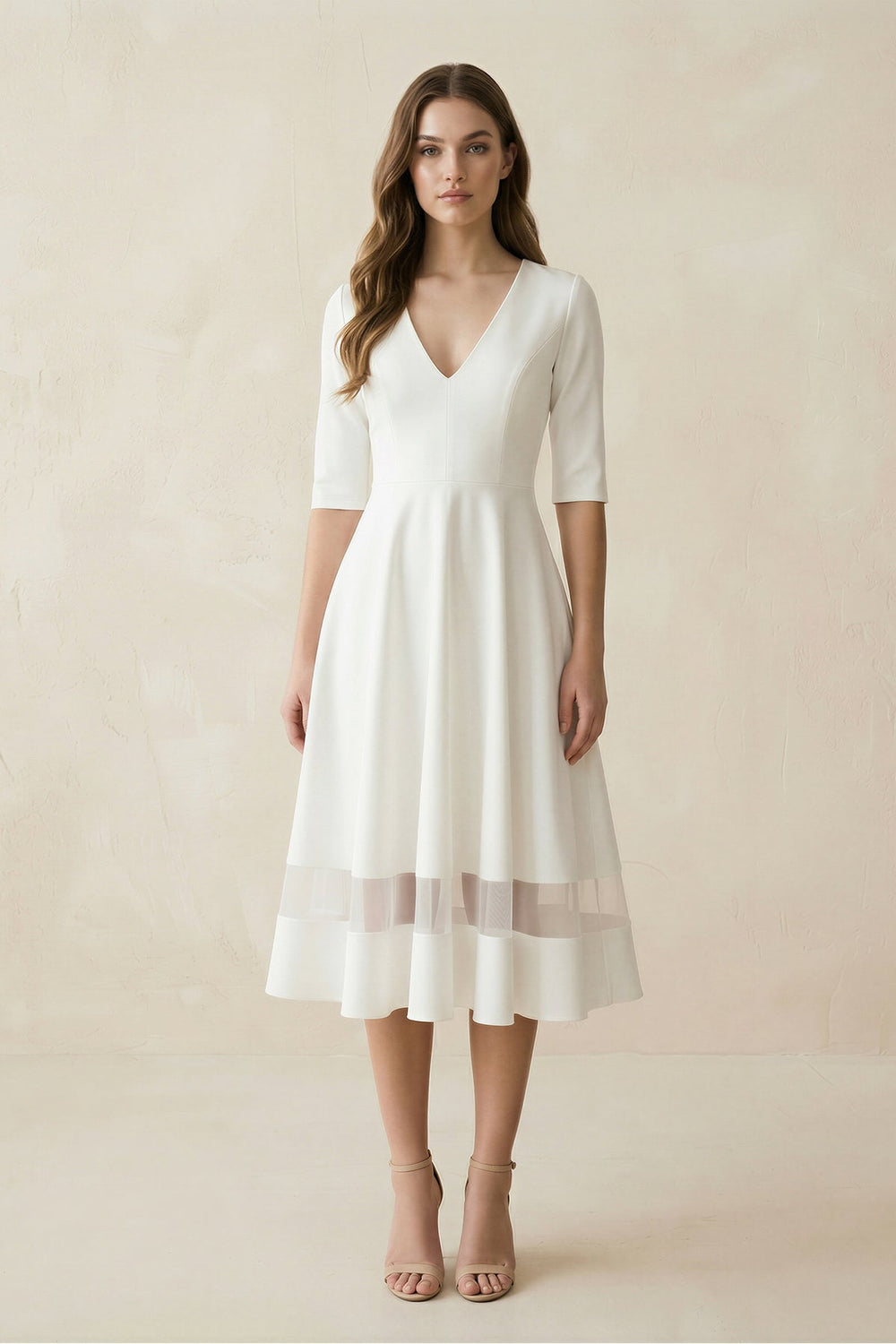 V - Neck A - Line Satin Short Sleeves Wedding Dress in White - SHE IS ME Wedding Dresses