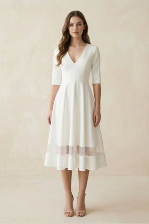 V - Neck A - Line Satin Short Sleeves Wedding Dress in White - SHE IS ME Wedding Dresses