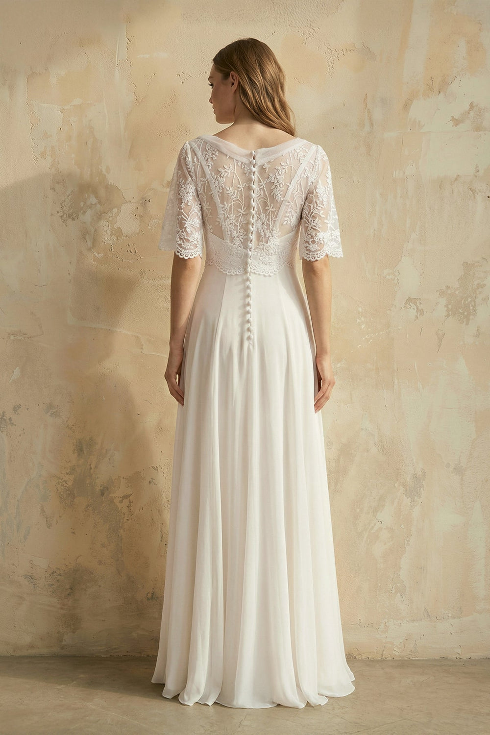 V Neck A Line Short Sleeves Chiffon Wedding Dress in Ivory - SHE IS ME Wedding Dresses